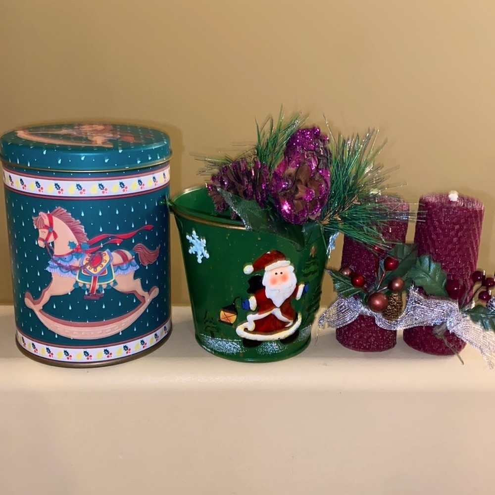 Holiday bundle. Tin, bucket with greenery and two handmade beeswax candles.